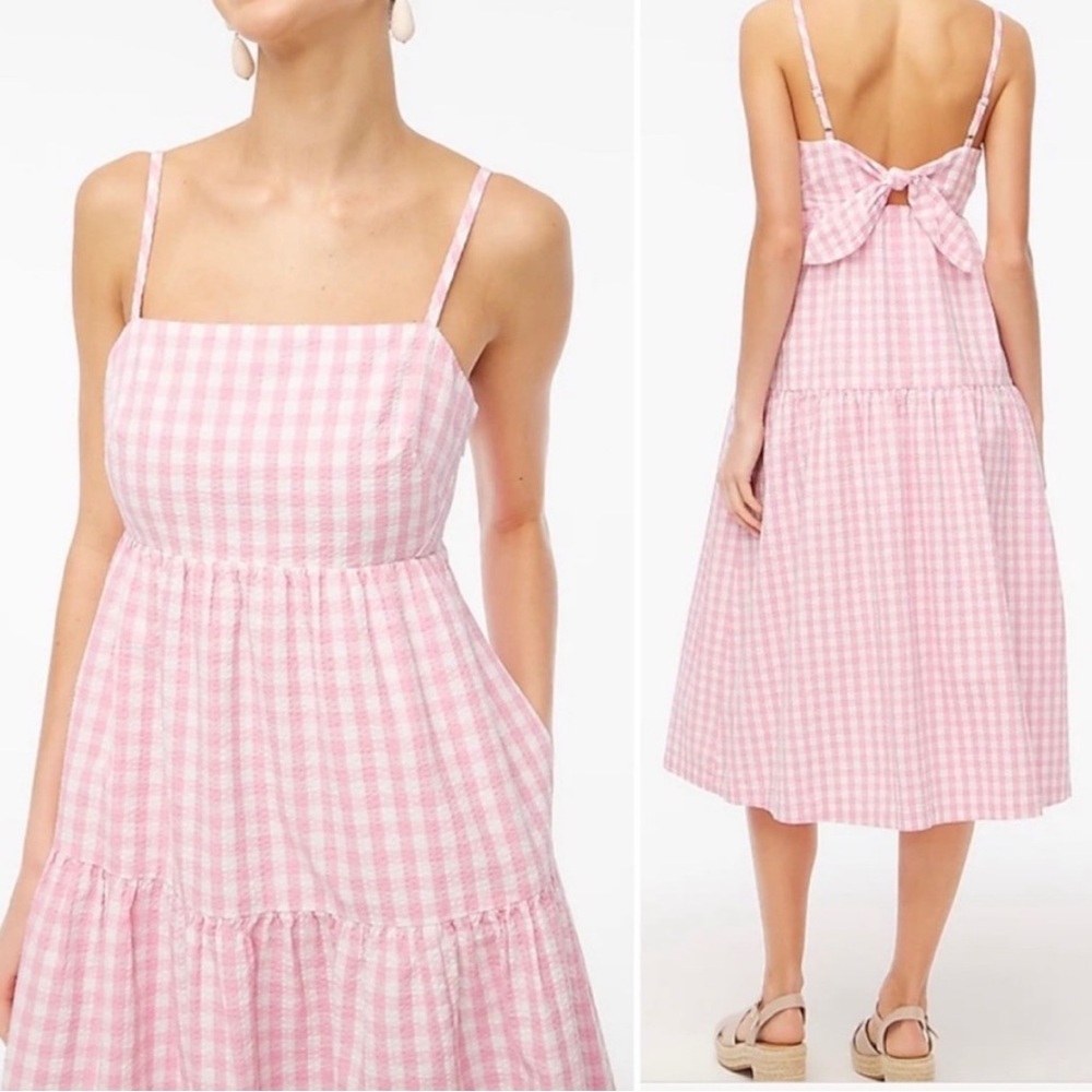 J. Crew Gingham Seersucker Tie Back Midi Dress Pink White Size 8